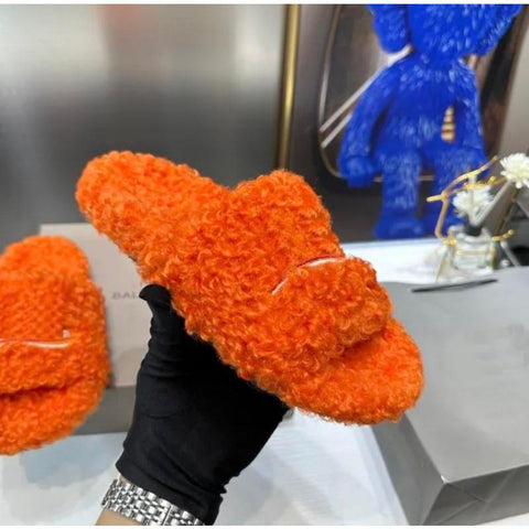Image of Designer Fuzzy Slides for Indoor & Outdoor - Cute Soft Slippers