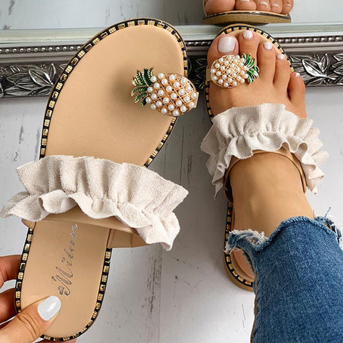 Image of 2021 Summer Beach Pineapple Flat Slippers Outside Slides Ladies Shoes String Bead