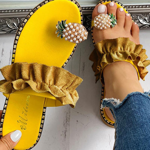 Image of 2021 Summer Beach Pineapple Flat Slippers Outside Slides Ladies Shoes String Bead