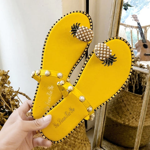 Image of 2021 Summer Beach Pineapple Flat Slippers Outside Slides Ladies Shoes String Bead