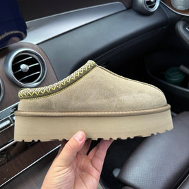 Platform Women's Slippers Genuine Suede Slip-on Warm Furry Shoes