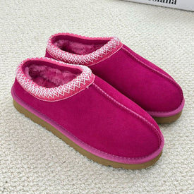 Genuine Suede Women's Fuzzy Slippers Cozy Slip On Memory Foam Shoes