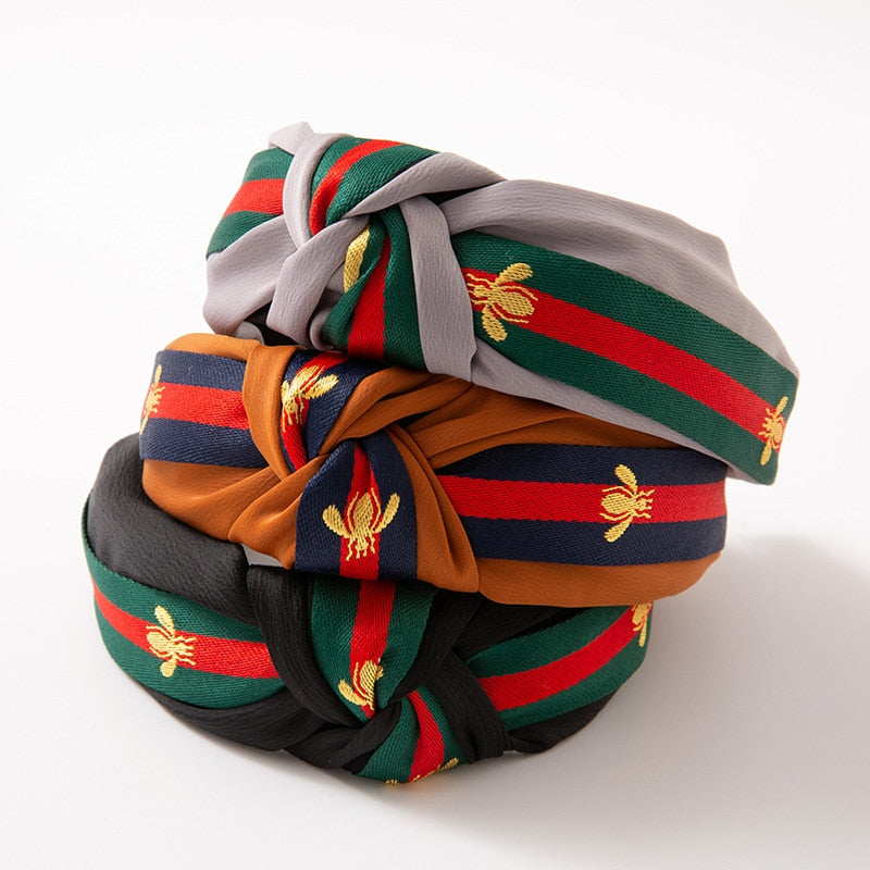 5PCS/LOT  Women Ribbon Striped Headband Wide Knotted Hairband Women Hair Accessories Bee