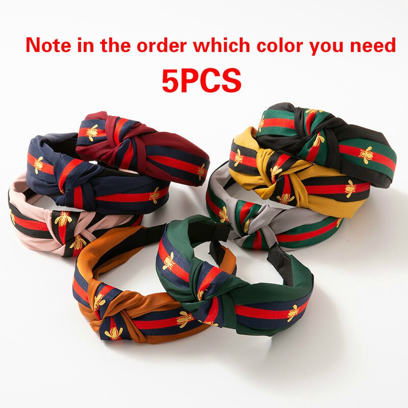 5PCS/LOT  Women Ribbon Striped Headband Wide Knotted Hairband Women Hair Accessories Bee