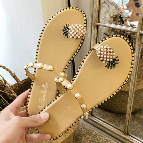 2021 Summer Beach Pineapple Flat Slippers Outside Slides Ladies Shoes String Bead